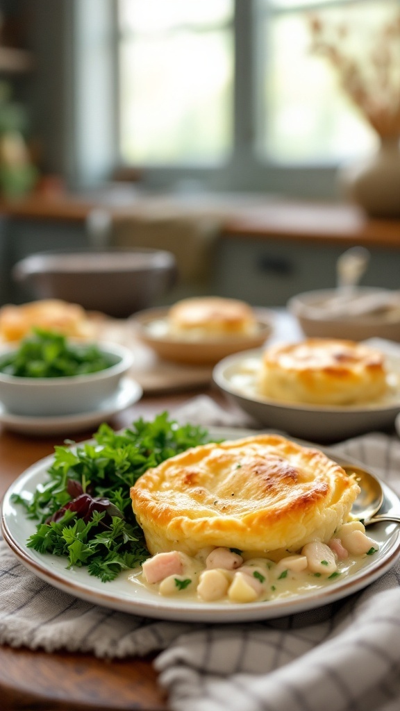 A delicious Southern-Style Chicken Pot Pie served with fresh greens