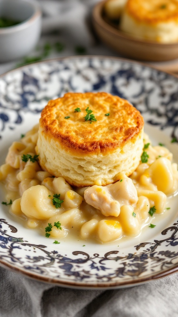 A delicious plate of Southern Style Chicken and Dumplings featuring fluffy dumplings and tender chicken in a creamy broth.