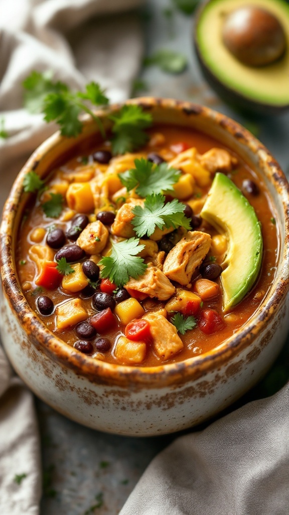 A bowl of Southwest Chicken and Black Bean Soup topped with fresh cilantro and avocado.