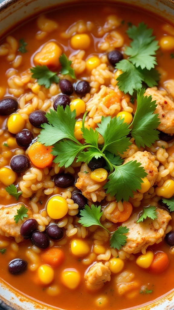 Bowl of Southwest Chicken and Rice Soup with colorful ingredients.