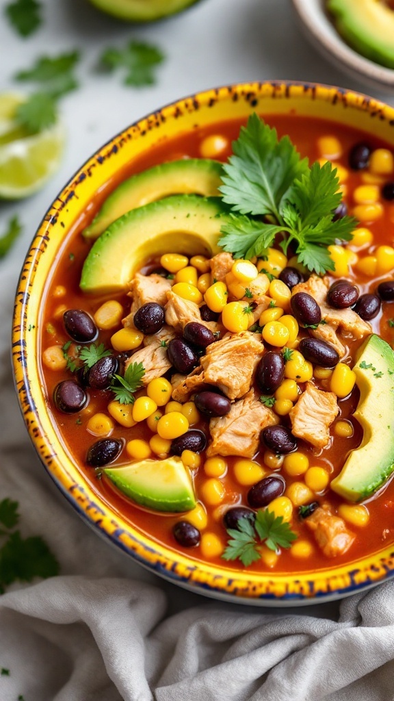 A bowl of Southwest Chicken Soup with corn, black beans, and avocado slices