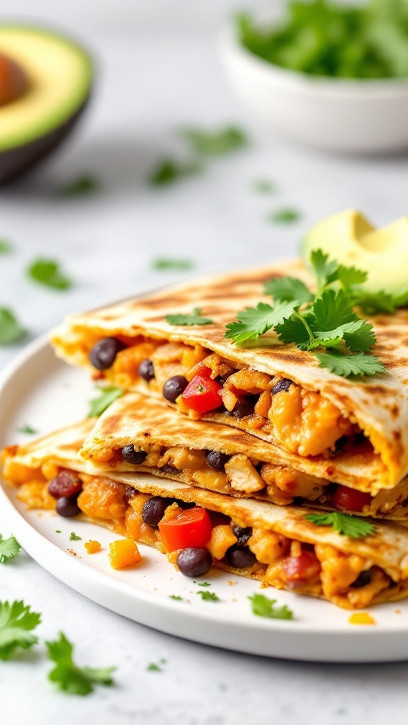 Stacked Southwestern chicken and black bean quesadillas garnished with cilantro.