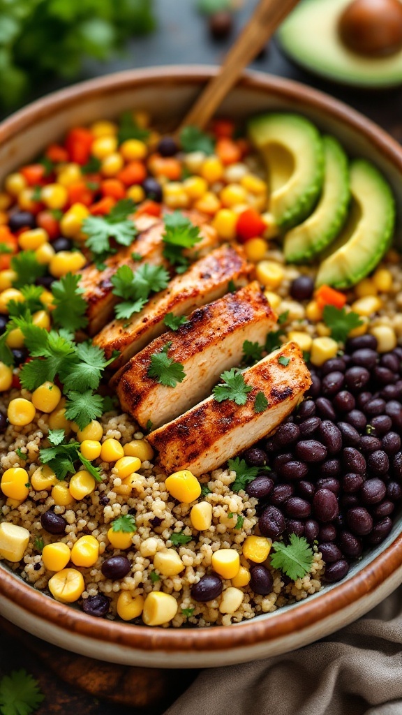 A colorful Southwestern Chicken and Quinoa Bowl featuring grilled chicken, quinoa, black beans, corn, and avocado slices.