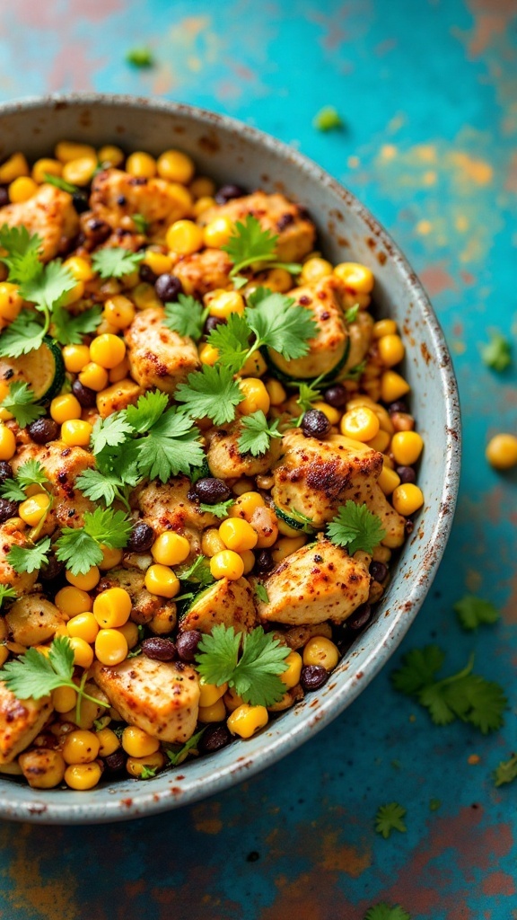 A vibrant bowl of Southwestern Chicken and Zucchini Bake with corn and cilantro