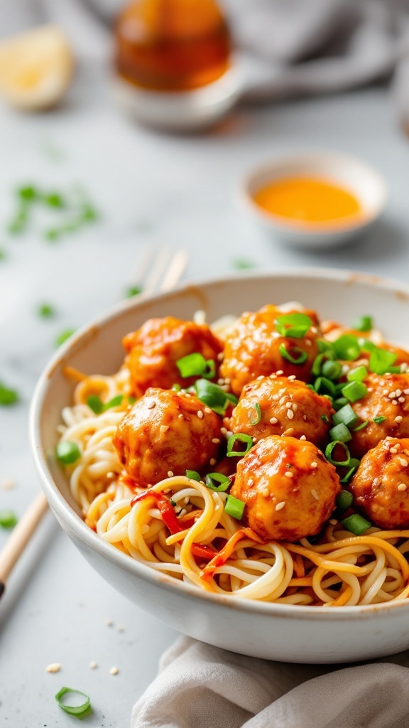 A bowl of spicy Asian chicken meatball noodle bowl with green onions and sesame seeds.