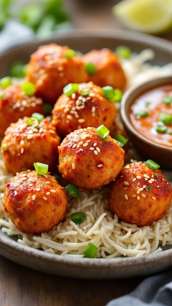 A plate of spicy Asian ground chicken meatballs garnished with green onions and sesame seeds