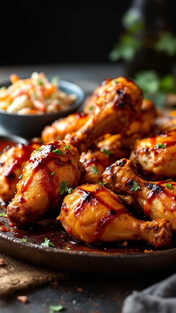 A plate of spicy BBQ baked chicken drumsticks garnished with parsley