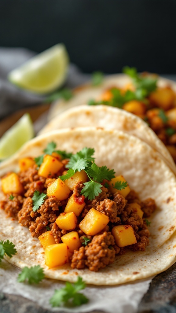 Delicious spicy beef and potato tacos served with lime and cilantro