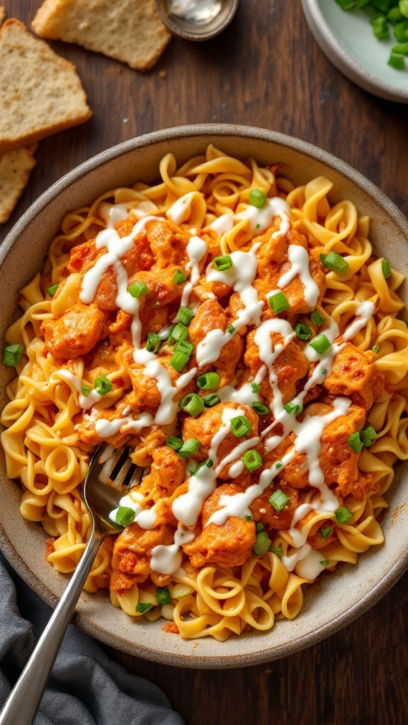 A delicious spicy buffalo chicken and egg noodle casserole topped with cheese and green onions.