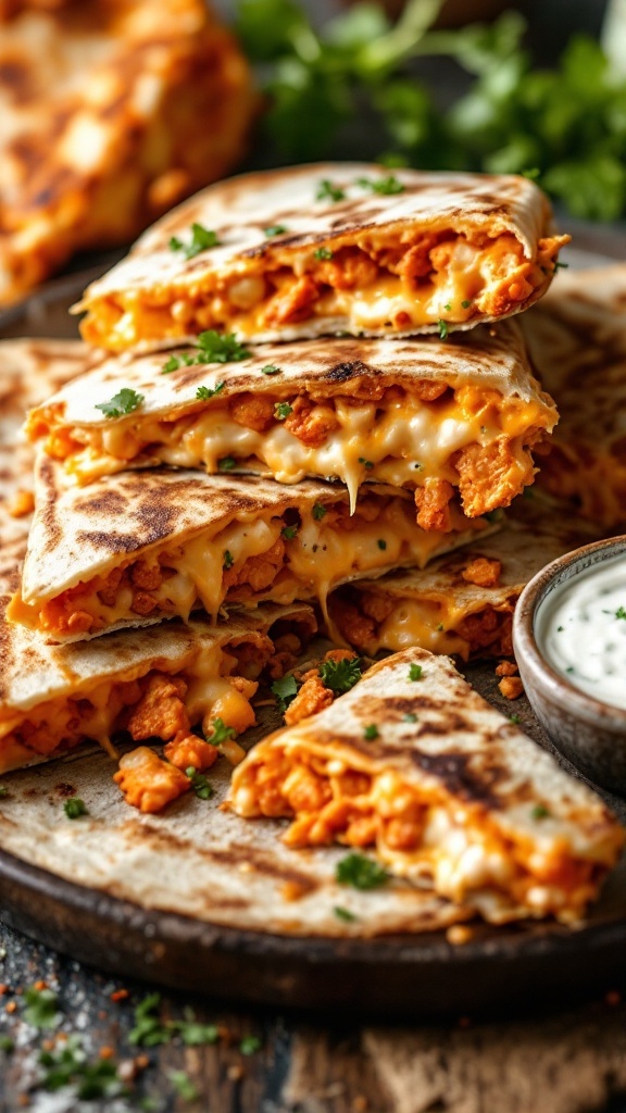 Delicious spicy buffalo chicken quesadilla with melted cheese