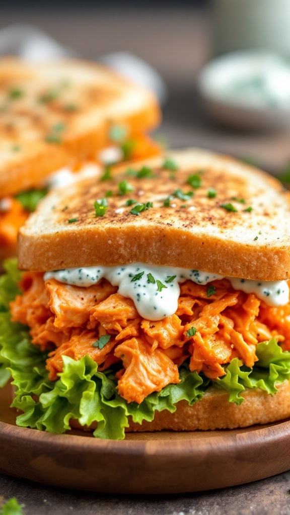 A spicy Buffalo chicken panini with lettuce and blue cheese dressing.