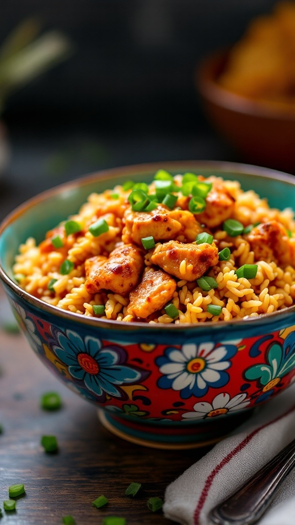 Spicy Cajun Chicken with Rice served in a colorful bowl, garnished with green onions.