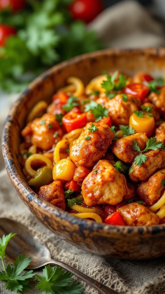 A bowl of spicy chicken ala king with peppers displayed.