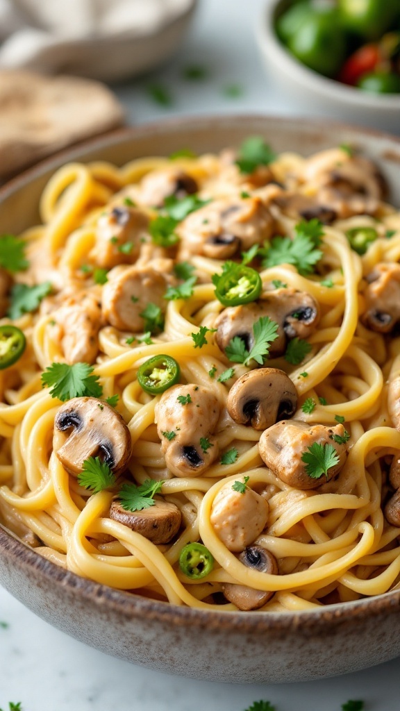 A bowl of spicy chicken alfredo pasta topped with jalapeños and mushrooms.