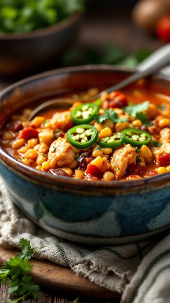 A bowl of spicy chicken and barley chili garnished with jalapeños and cilantro.