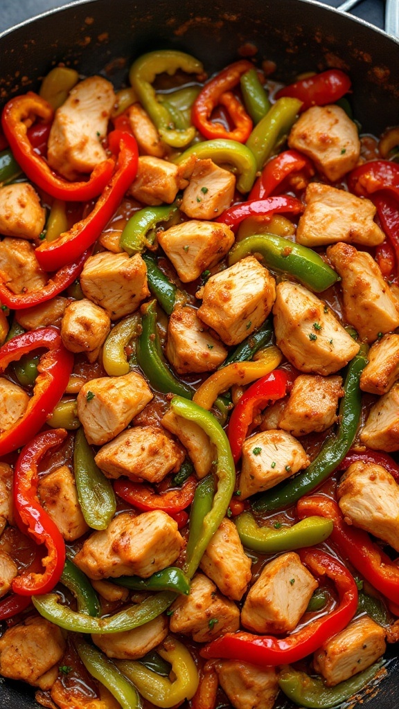 A delicious spicy chicken and bell pepper stir-fry in a skillet