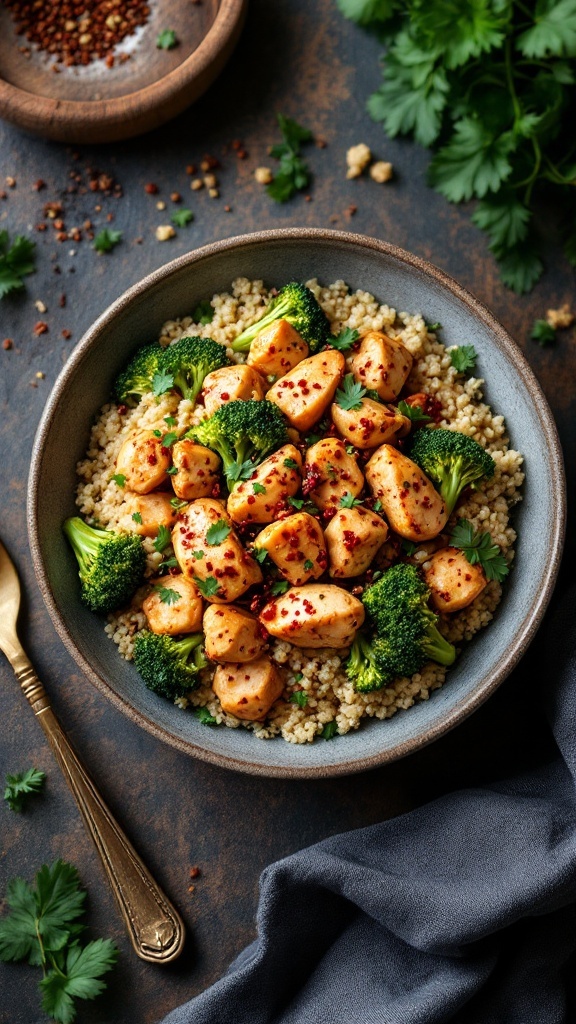 A bowl of spicy chicken and broccoli quinoa, garnished with herbs.