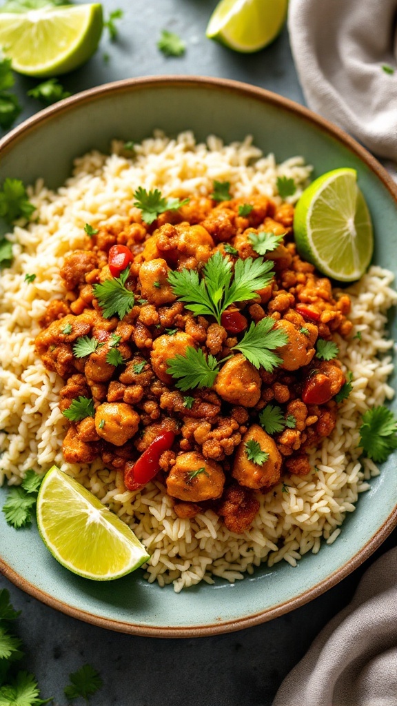 A bowl of spicy chicken served on a bed of cilantro lime rice, garnished with fresh cilantro and lime wedges.