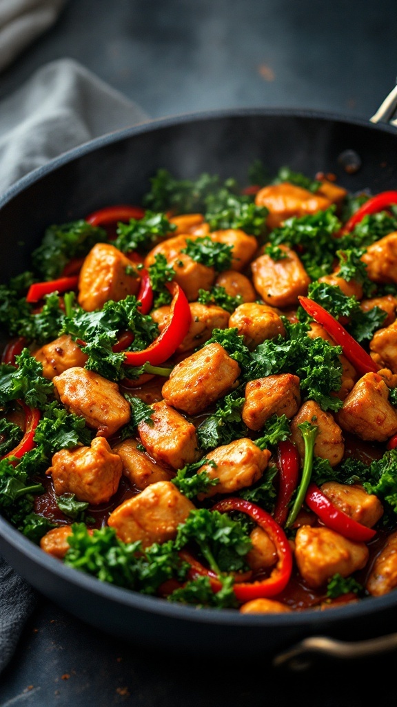 A colorful dish of spicy chicken and kale stir-fry in a skillet.