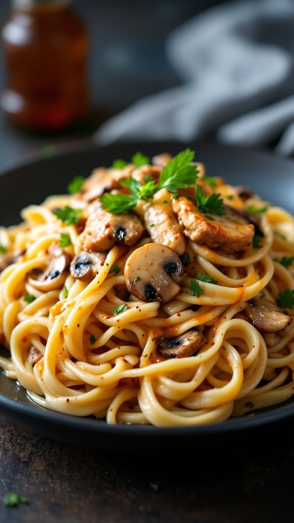 A plate of creamy spicy chicken and mushroom alfredo pasta with fresh parsley on top.