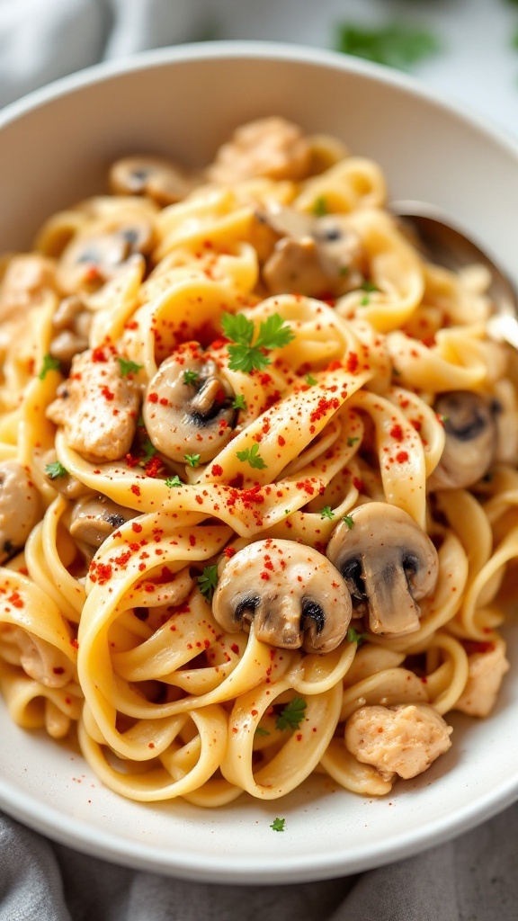 A bowl of spicy chicken and mushroom fettuccine alfredo, garnished with parsley and red pepper flakes.