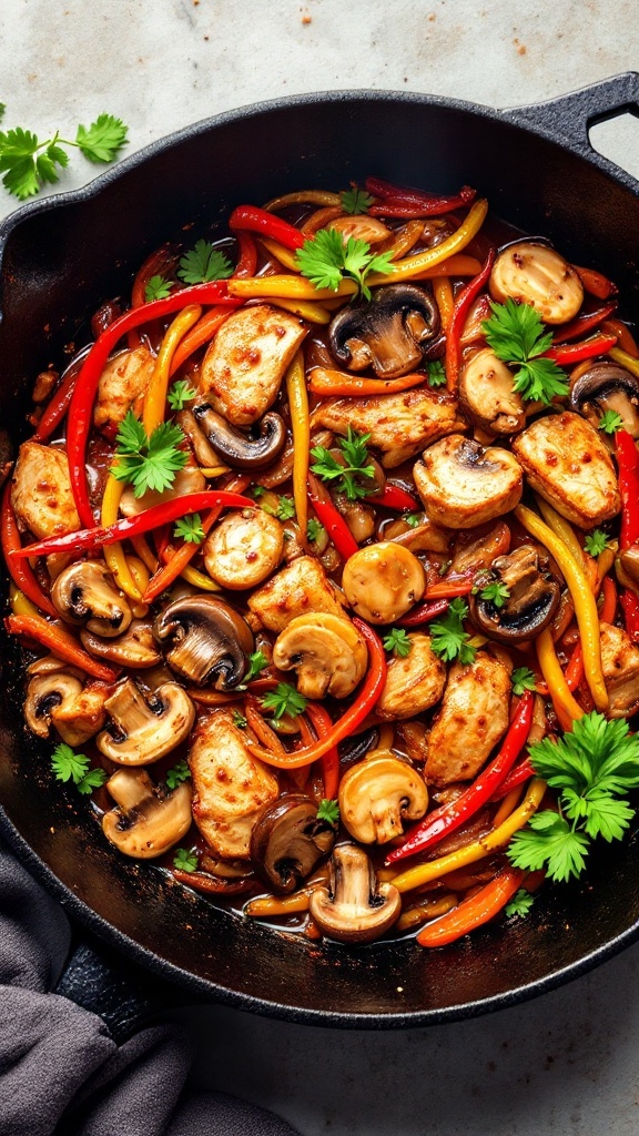 A colorful and spicy chicken and mushroom stir-fry with peppers and cilantro.