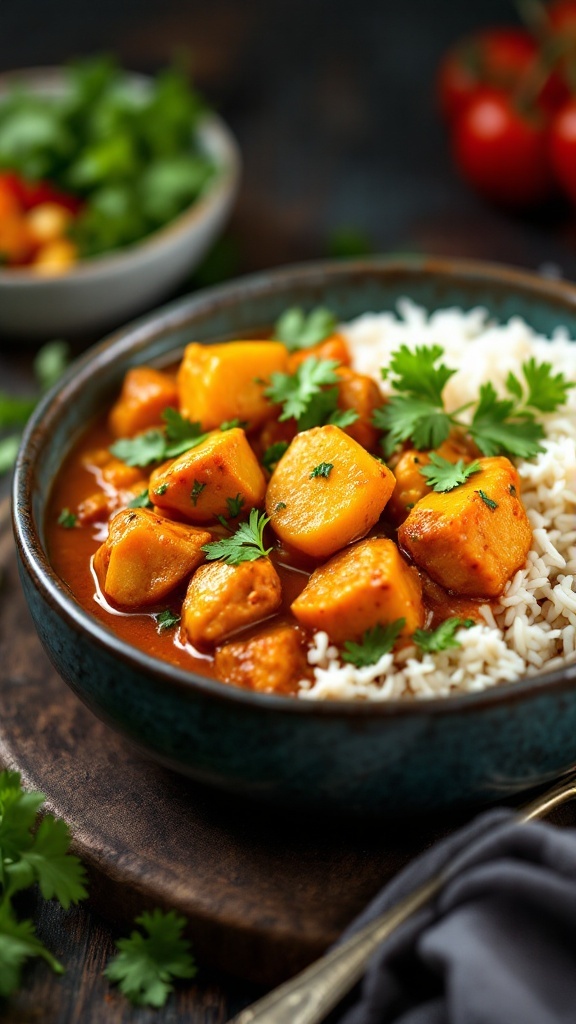 A bowl of spicy chicken and potato curry garnished with cilantro, served with rice.