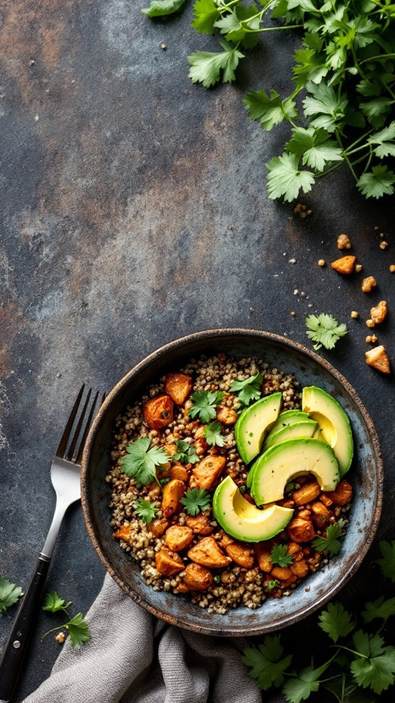 A flavorful Spicy Chicken and Quinoa Bowl with avocado slices and fresh cilantro.