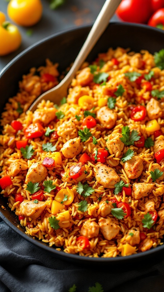 A colorful dish of spicy chicken and rice with vegetables.