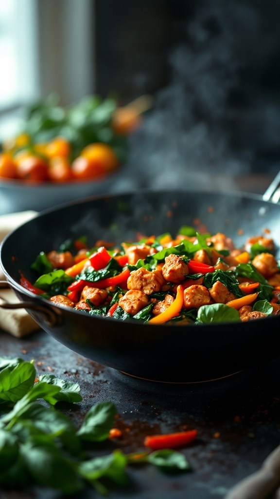 A vibrant spicy chicken and spinach stir-fry with colorful peppers.