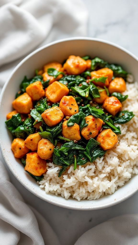 A bowl of spicy chicken and spinach stir-fry served over rice.