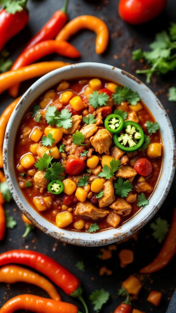 A bowl of spicy chicken and vegetable chili topped with cilantro and jalapeño slices.