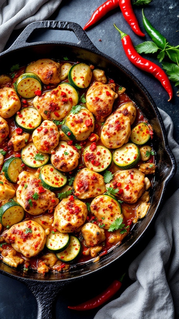 A delicious spicy chicken and zucchini bake in a cast iron skillet.