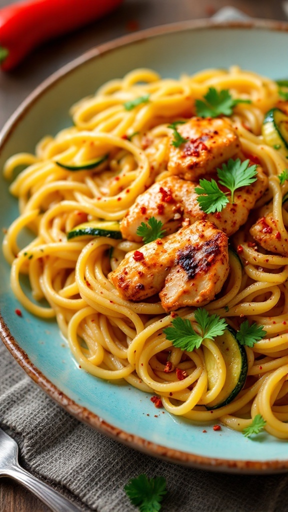 A plate of spicy chicken and zucchini fettuccine topped with parsley.