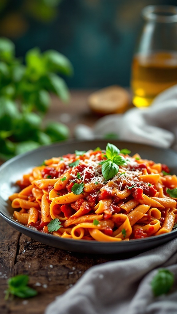 A delicious plate of spicy chicken penne arrabbiata garnished with herbs.