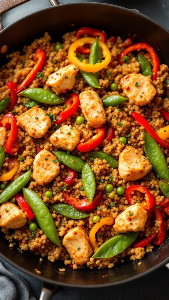 A colorful stir-fry with chicken, quinoa, and vegetables.