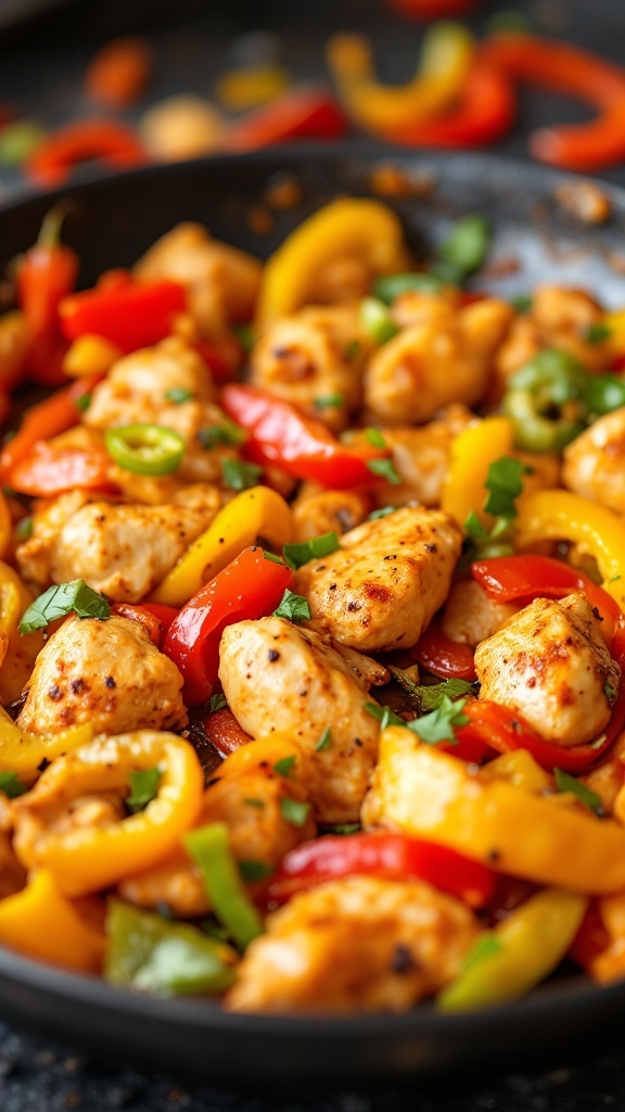 A vibrant Spicy Chicken Stir-Fry featuring colorful bell peppers and tender chicken pieces