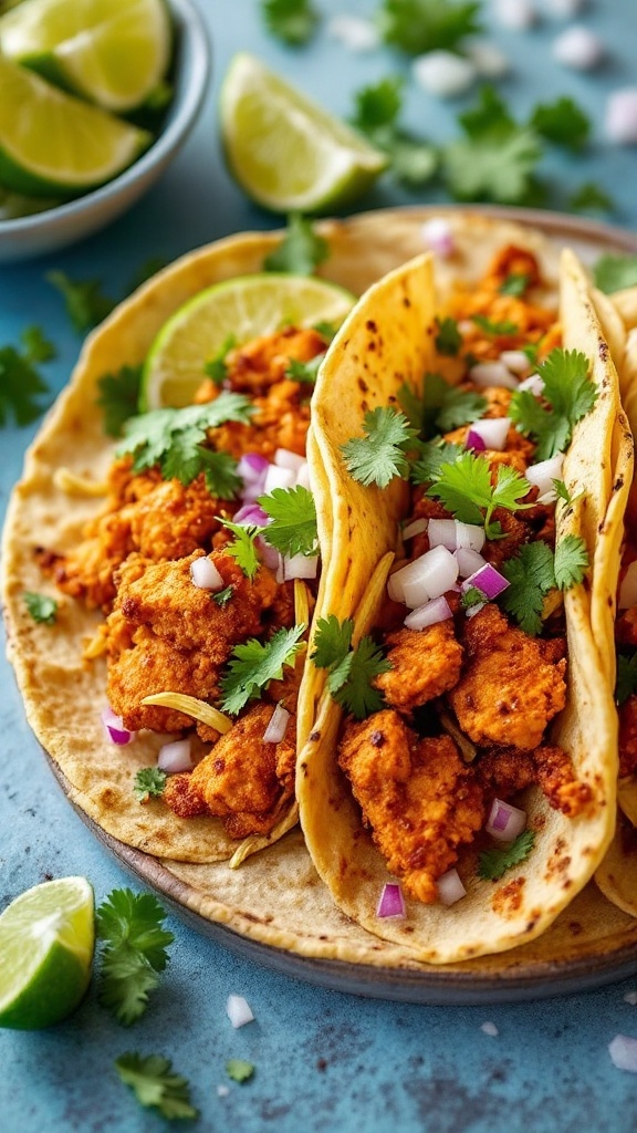 Delicious spicy chicken tacos topped with cilantro and onions, served with lime wedges.