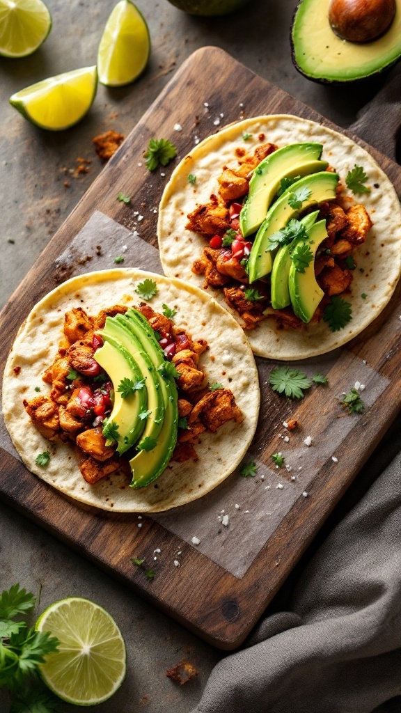 Two spicy chicken tacos topped with avocado slices on a wooden serving board.