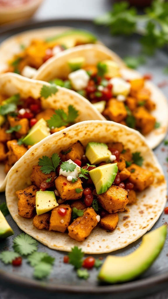 Delicious spicy chicken tacos with sweet potatoes, avocado, and cilantro