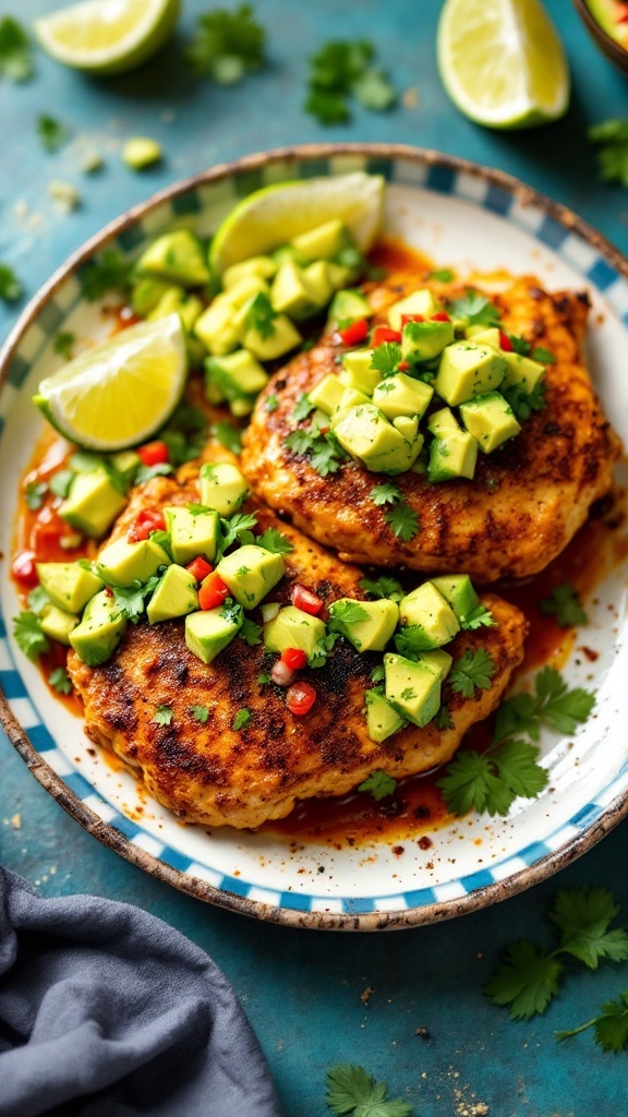 Spicy chicken thighs topped with avocado salsa and lime wedges.