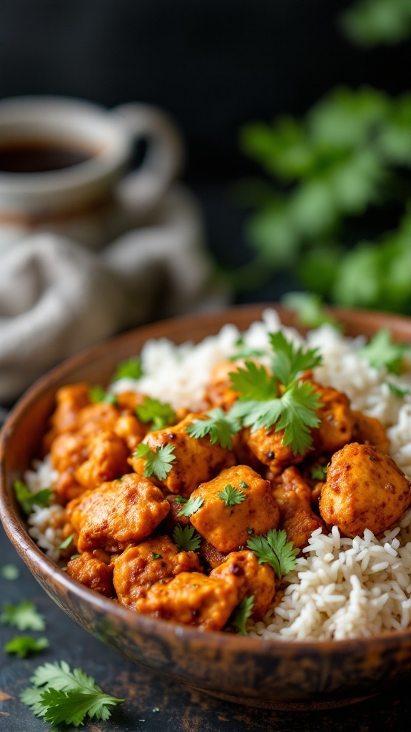 A bowl of spicy chicken tikka served with coconut rice, garnished with fresh cilantro.