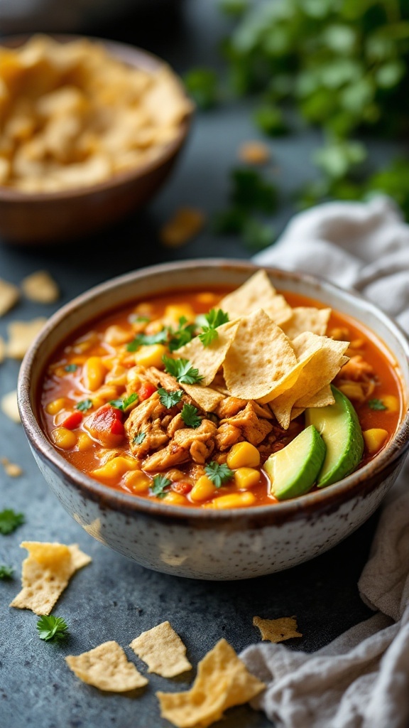 A bowl of spicy chicken tortilla soup garnished with tortilla strips and lime