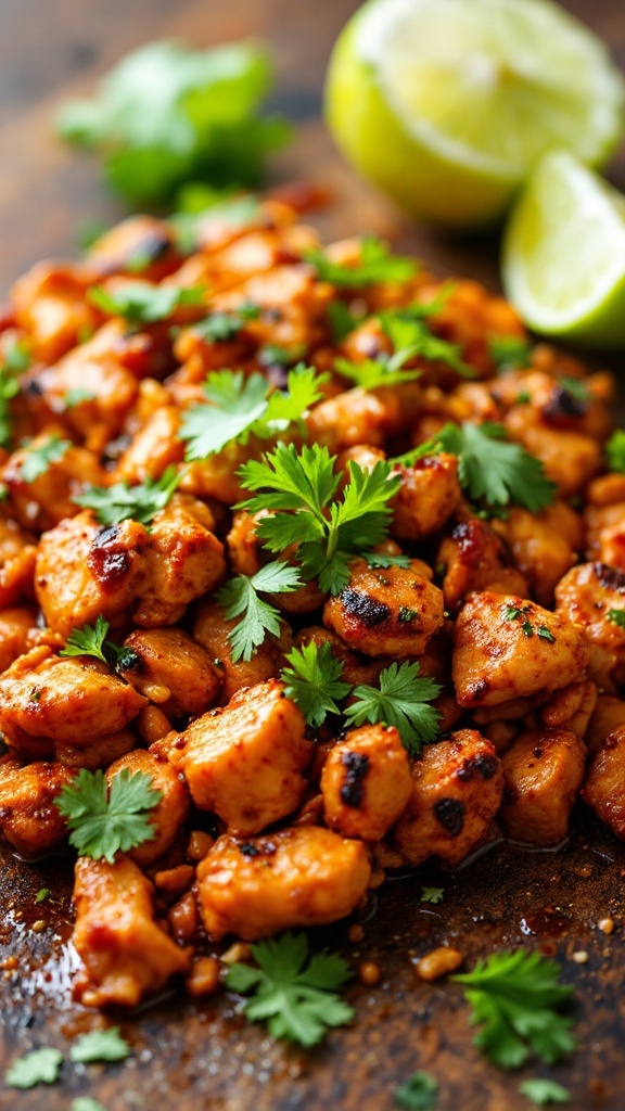 A colorful plate of spicy chipotle chicken fajitas topped with fresh cilantro.