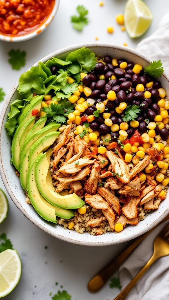 A delicious and colorful Spicy Chipotle Chicken Quinoa Bowl filled with fresh ingredients.