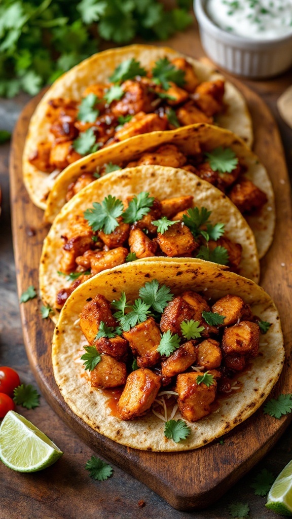 Delicious spicy chipotle chicken tacos with fresh cilantro and lime