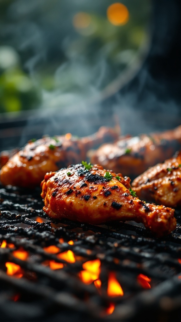 A smoky and spicy grilled chicken dish with visible char marks and garnished with herbs.