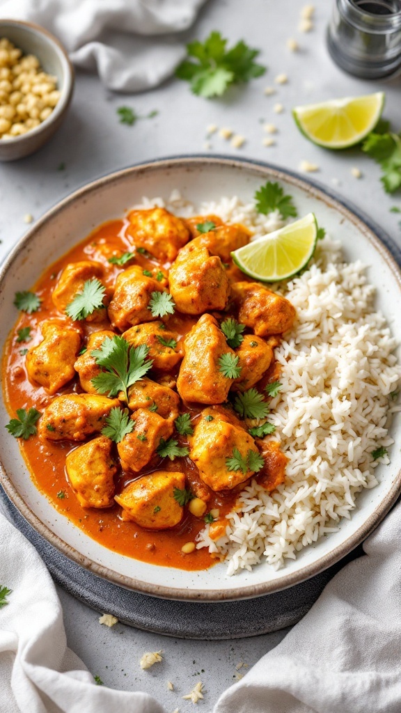 A plate of Spicy Coconut Chicken Tikka served with rice and garnished with cilantro and lime.