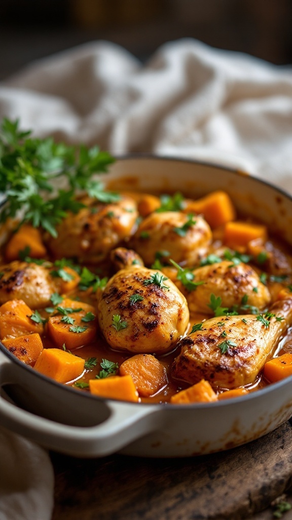 A delicious chicken and sweet potato curry bake with vibrant colors