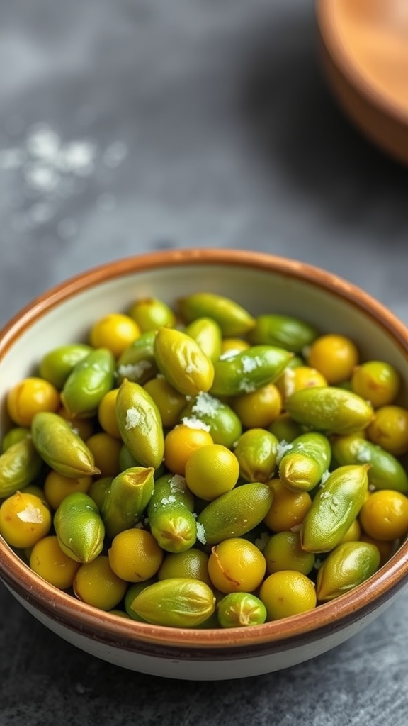 Bowl of spicy edamame with sea salt